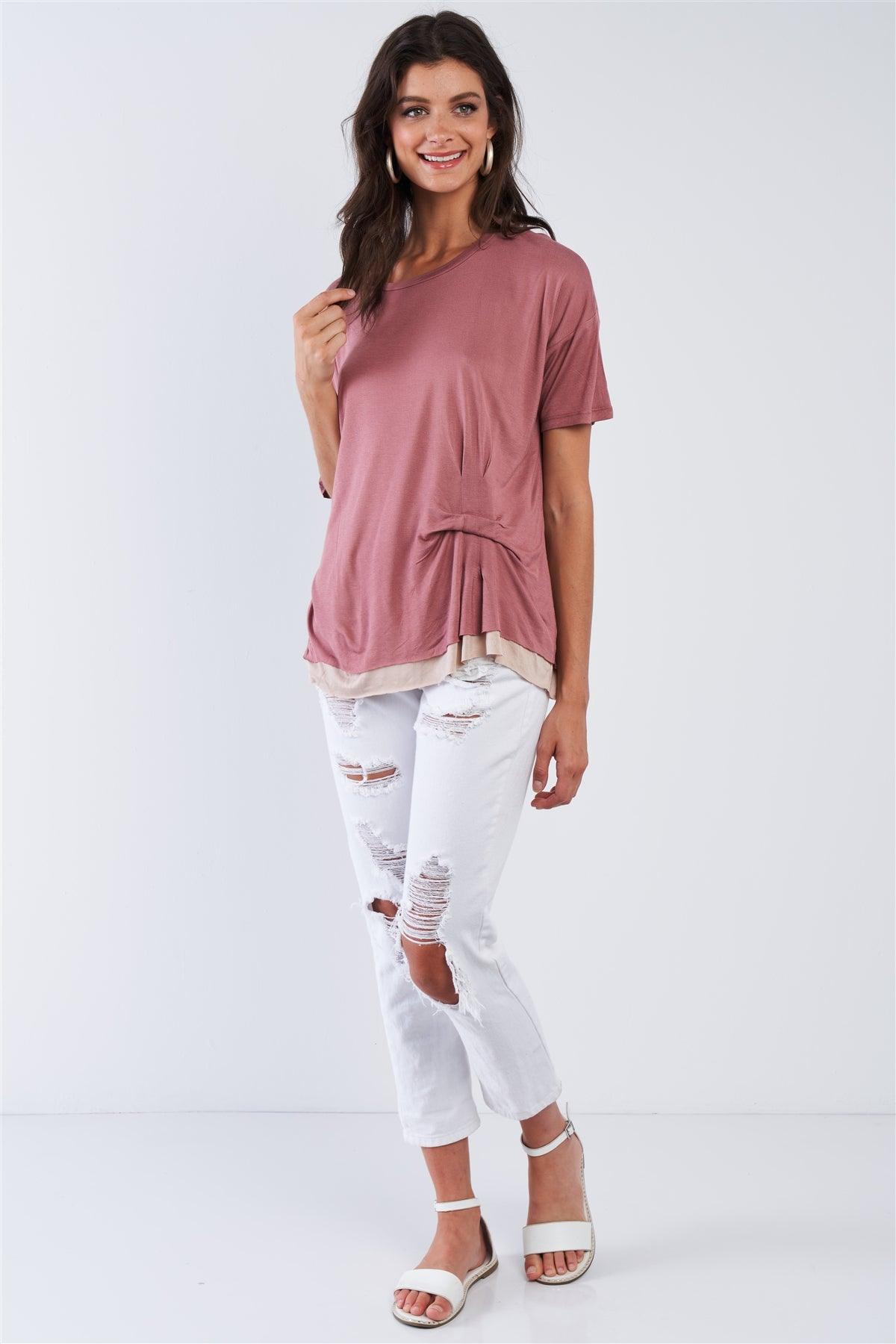 Smoke Rose Layered Soft Loose Fit Short Sleeve Top With One Sided Cinched Seam