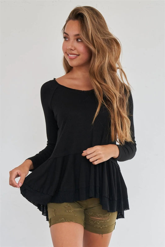 Black Long Sleeve Relaxed Fit Babydoll Knit Top - Tasha Apparel Wholesale