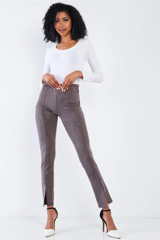Concrete Grey Suede High Waist Tight Fit Front Bottom Slit Accent Ankle Length Pants /3-2-1 - Tasha Apparel Wholesale