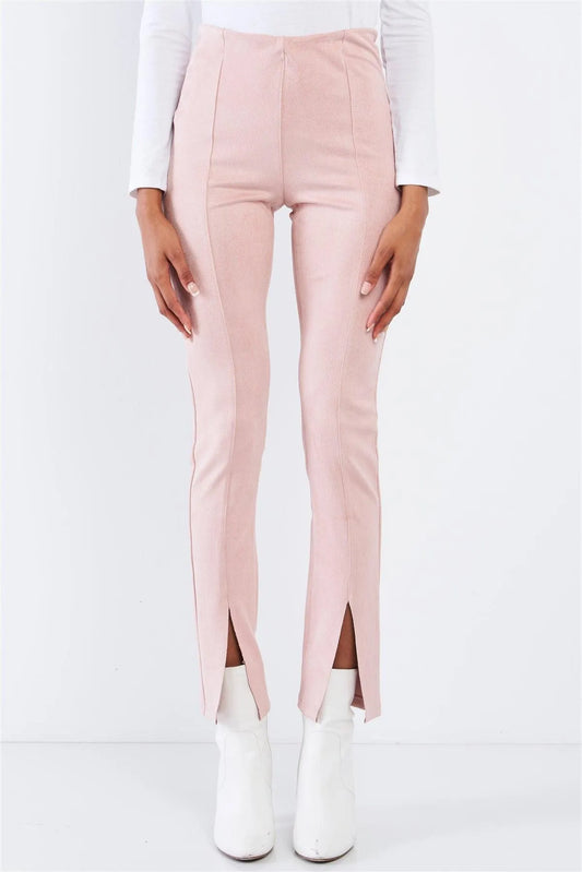 Winter Blush Pink Suede High Waist Tight Fit Front Bottom Slit Accent Ankle Length Pants /3-2-1 - Tasha Apparel Wholesale