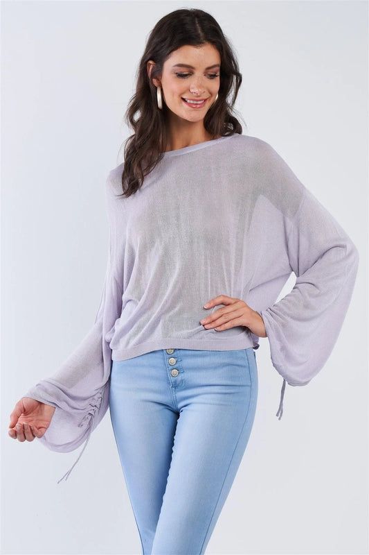 Lavender Sheer Knitted Long Draw String Sleeve 70's Style Boho Top - Tasha Apparel Wholesale
