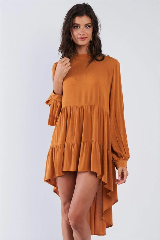 Deep Honey Long Cuffed Sleeve Cold Shoulder Teared High Low Keyhole Closure Dress /3-2-1 - Tasha Apparel Wholesale