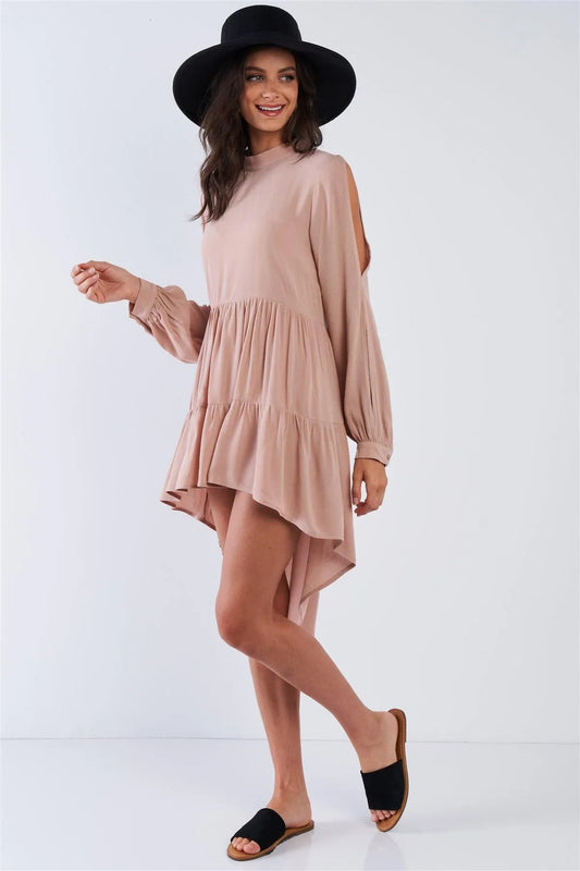 Latte Long Cuffed Sleeve Cold Shoulder Teared High Low Keyhole Closure Dress /3-2-1 - Tasha Apparel Wholesale