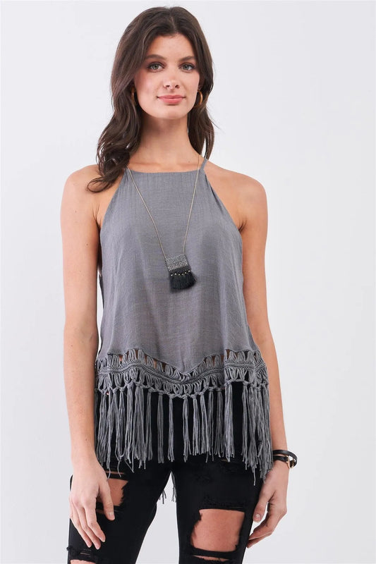 Dark-Grey Boho Sleeveless High Neck Loose Fit Linen Imitation Fringe Top /3-2-1 - Tasha Apparel Wholesale