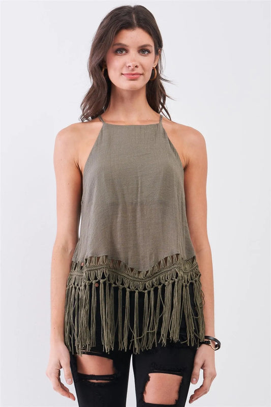 Olive Boho Sleeveless High Neck Loose Fit Linen Imitation Fringe Top /3-2-1 - Tasha Apparel Wholesale