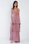 Dusty Mauve Pink Tiered Ruffle Side Slit V-Neck Open Back Maxi Dress /3-2-1 - Tasha Apparel Wholesale