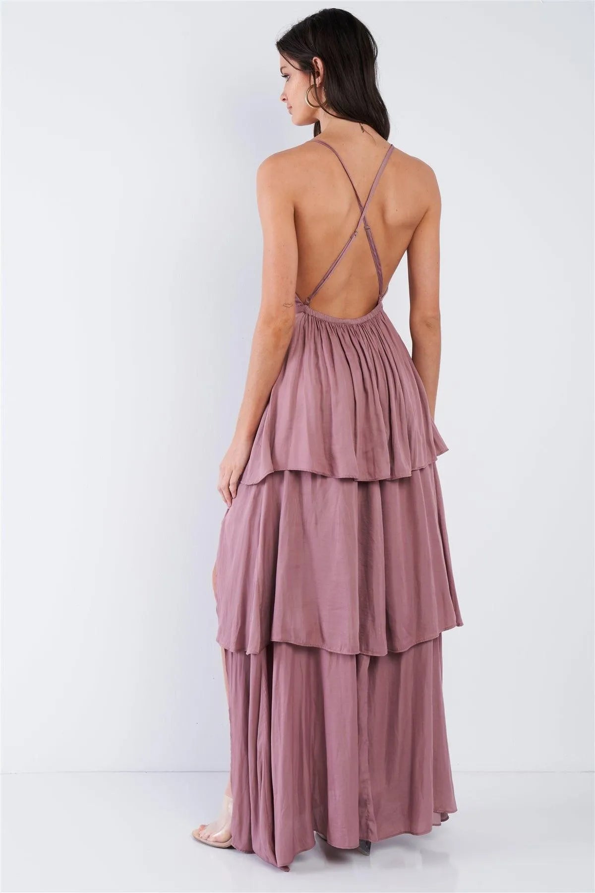 Dusty Mauve Pink Tiered Ruffle Side Slit V-Neck Open Back Maxi Dress /3-2-1 - Tasha Apparel Wholesale