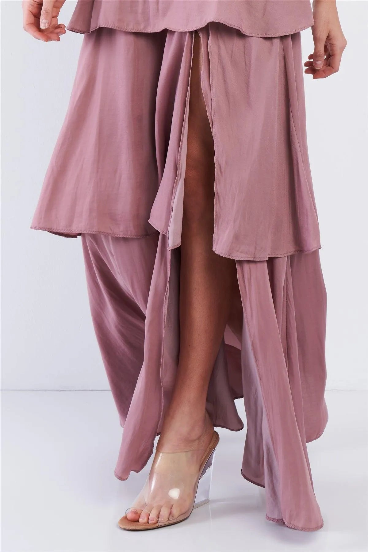 Dusty Mauve Pink Tiered Ruffle Side Slit V-Neck Open Back Maxi Dress /3-2-1 - Tasha Apparel Wholesale
