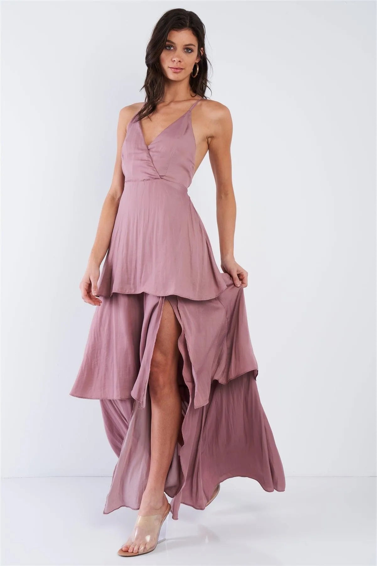Dusty Mauve Pink Tiered Ruffle Side Slit V-Neck Open Back Maxi Dress /3-2-1 - Tasha Apparel Wholesale