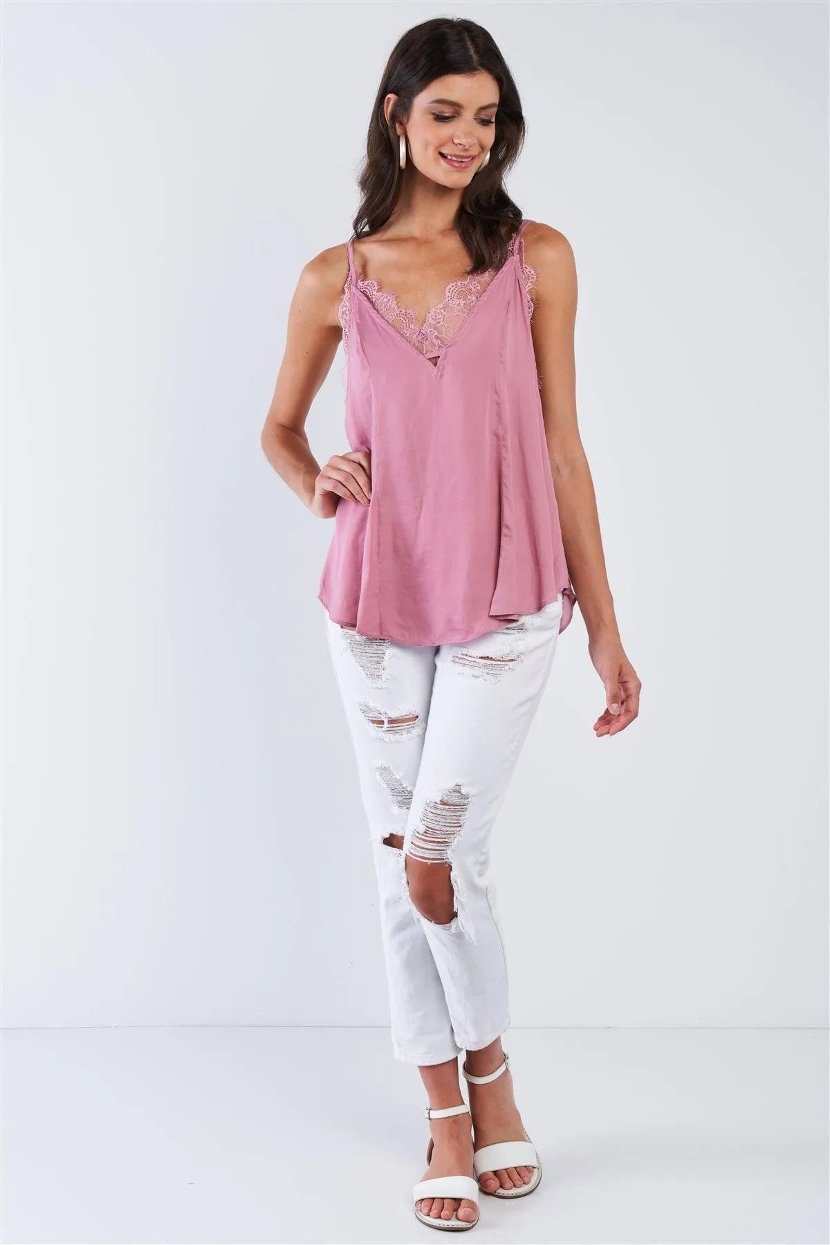 Mauve Pink Layered Lace Babydoll Cami Top /3-2-1 - Tasha Apparel Wholesale