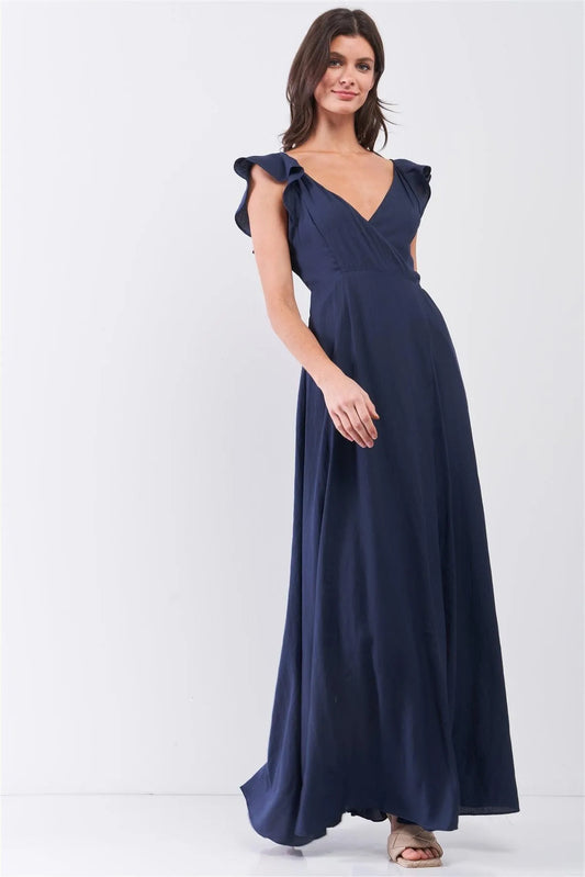 Navy Sleeveless Frill Trim On The Shoulder V-Neck And Back Fitted Wrap Maxi Dress /3-2-1 - Tasha Apparel Wholesale