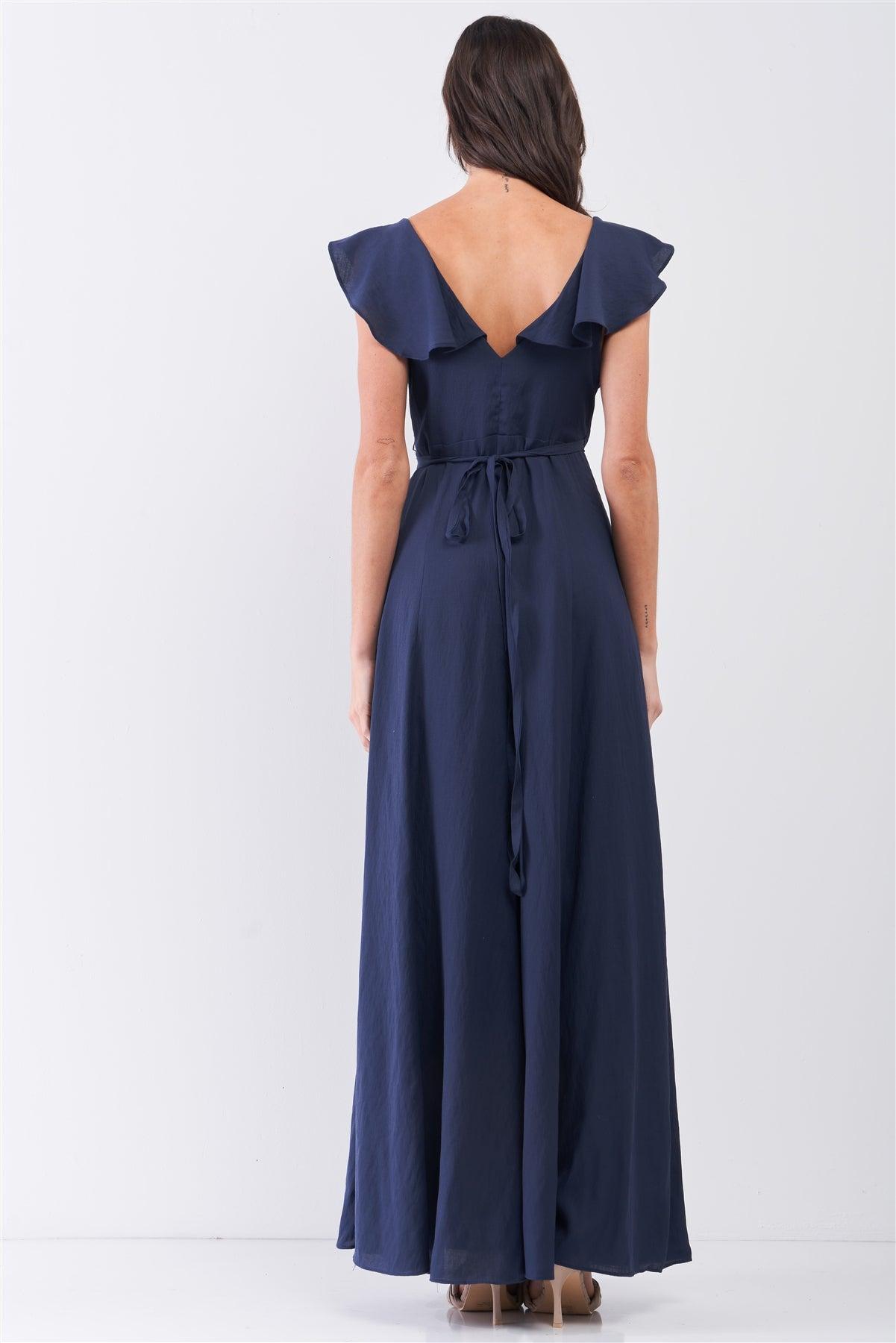 Navy Sleeveless Frill Trim On The Shoulder V-Neck And Back Fitted Wrap Maxi Dress /3-2-1