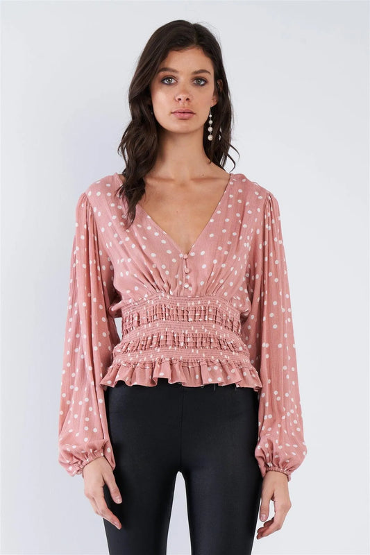 Dusty Peach Pink & White Frill Hem V-Neck Full Puff Sleeve Top /3-2-1 - Tasha Apparel Wholesale
