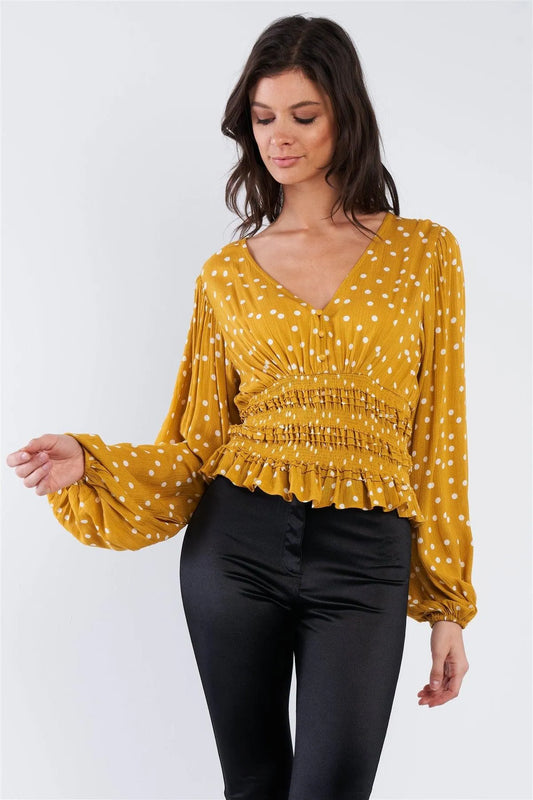 Mustard Yellow & White Frill Hem V-Neck Full Puff Sleeve Top /3-2-1 - Tasha Apparel Wholesale
