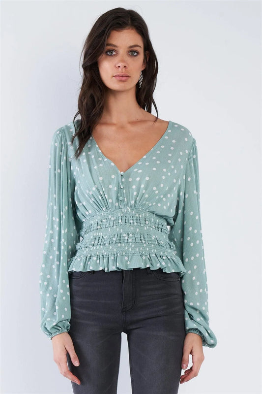 Sage Green & White Frill Hem V-Neck Full Puff Sleeve Top /3-2-1 - Tasha Apparel Wholesale