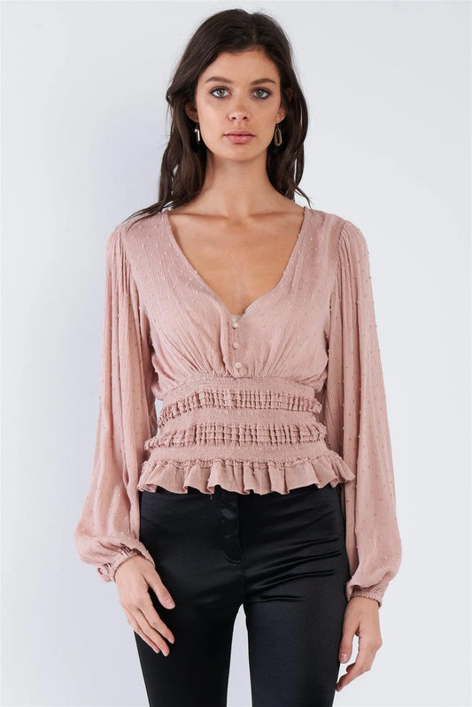 Latte Mini Boho Knot Frill Hem V-Neck Full Puff Sleeve Top /3-2-1 - Tasha Apparel Wholesale