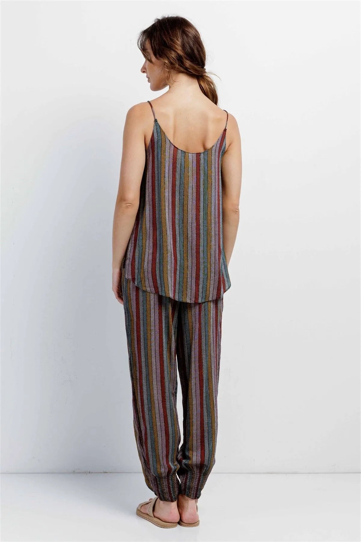 Multi Stripe V-Neck High-Low Cami & Side Slit Harem Pant Set /3-2-1 - Tasha Apparel Wholesale