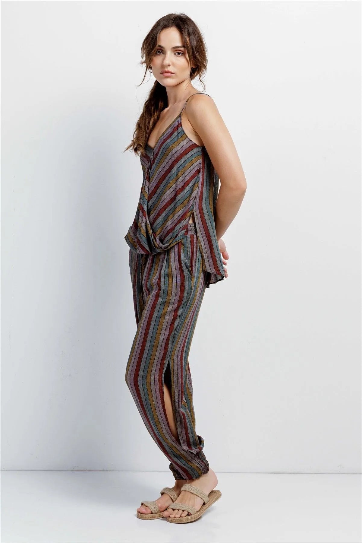 Multi Stripe V-Neck High-Low Cami & Side Slit Harem Pant Set /3-2-1 - Tasha Apparel Wholesale