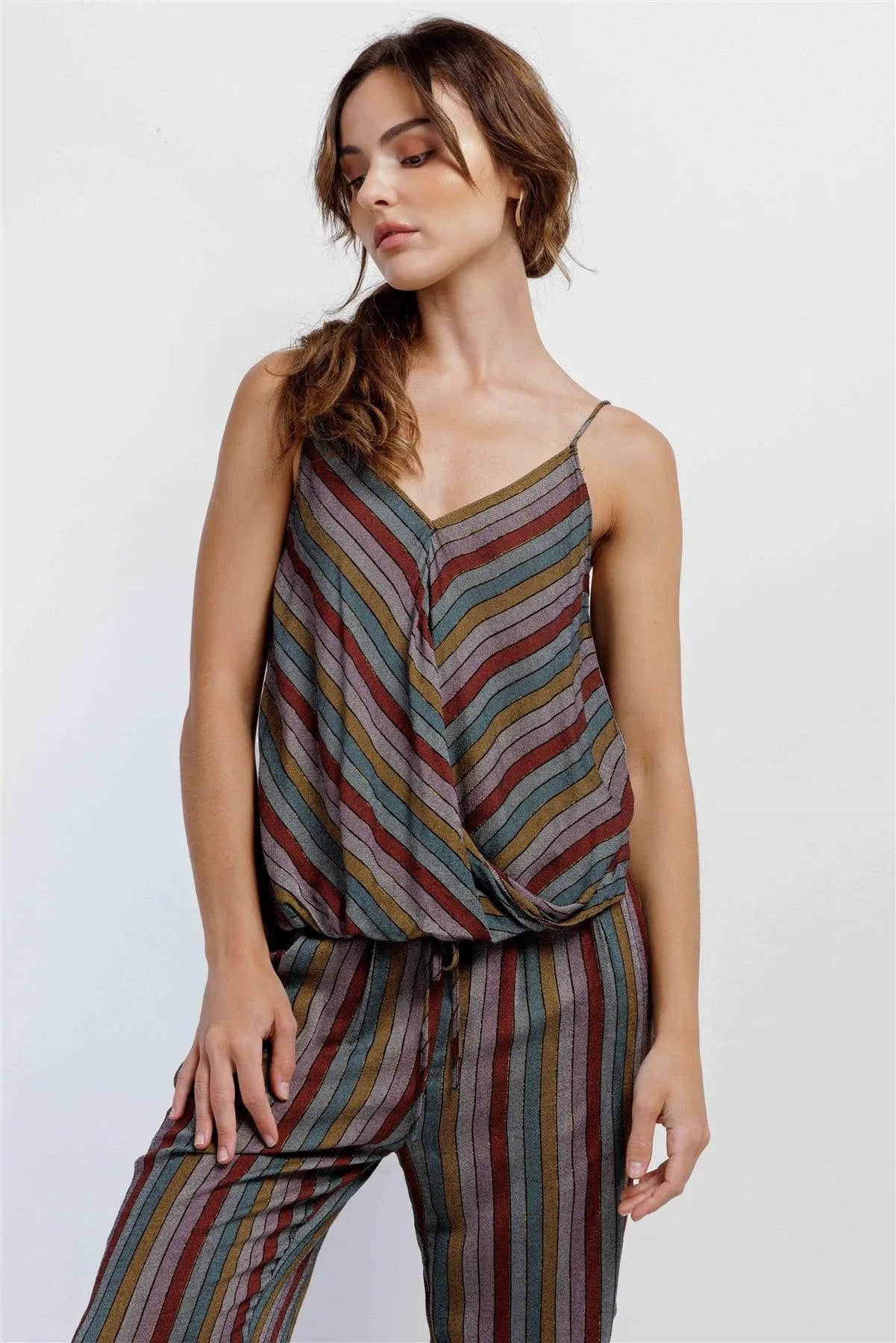 Multi Stripe V-Neck High-Low Cami & Side Slit Harem Pant Set /3-2-1 - Tasha Apparel Wholesale
