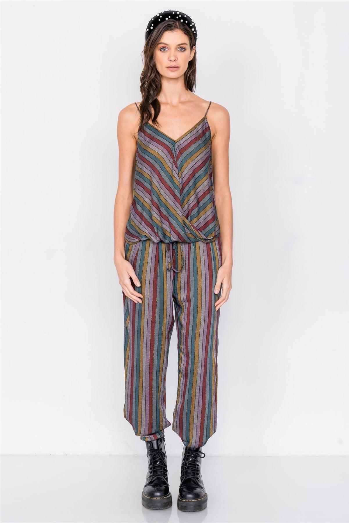 Multi Stripe V-Neck High-Low Cami & Side Slit Harem Pant Set  /3-2-1