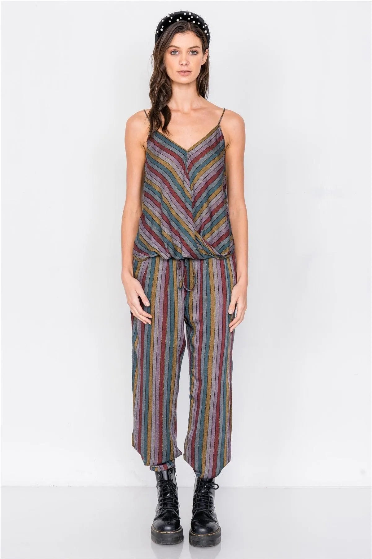 Multi Stripe V-Neck High-Low Cami & Side Slit Harem Pant Set /3-2-1 - Tasha Apparel Wholesale