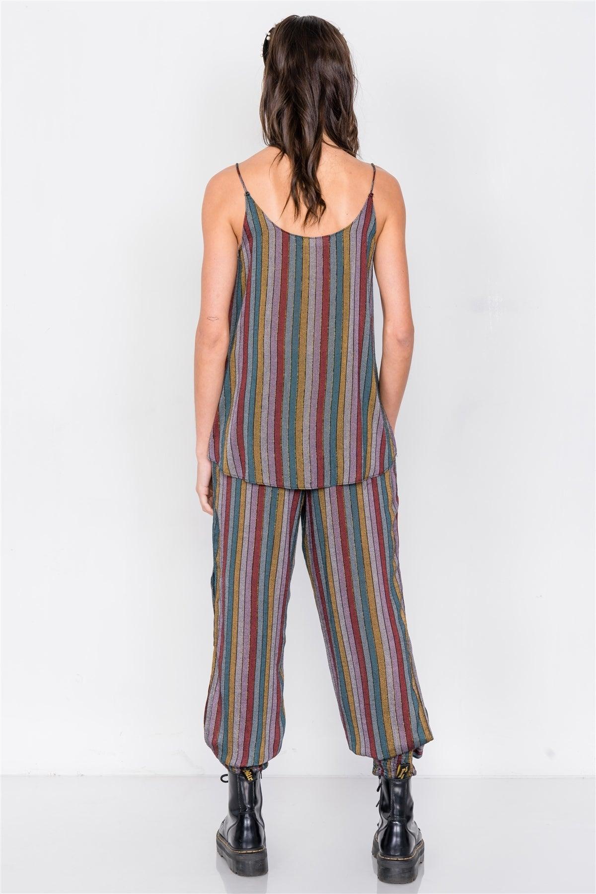 Multi Stripe V-Neck High-Low Cami & Side Slit Harem Pant Set  /3-2-1