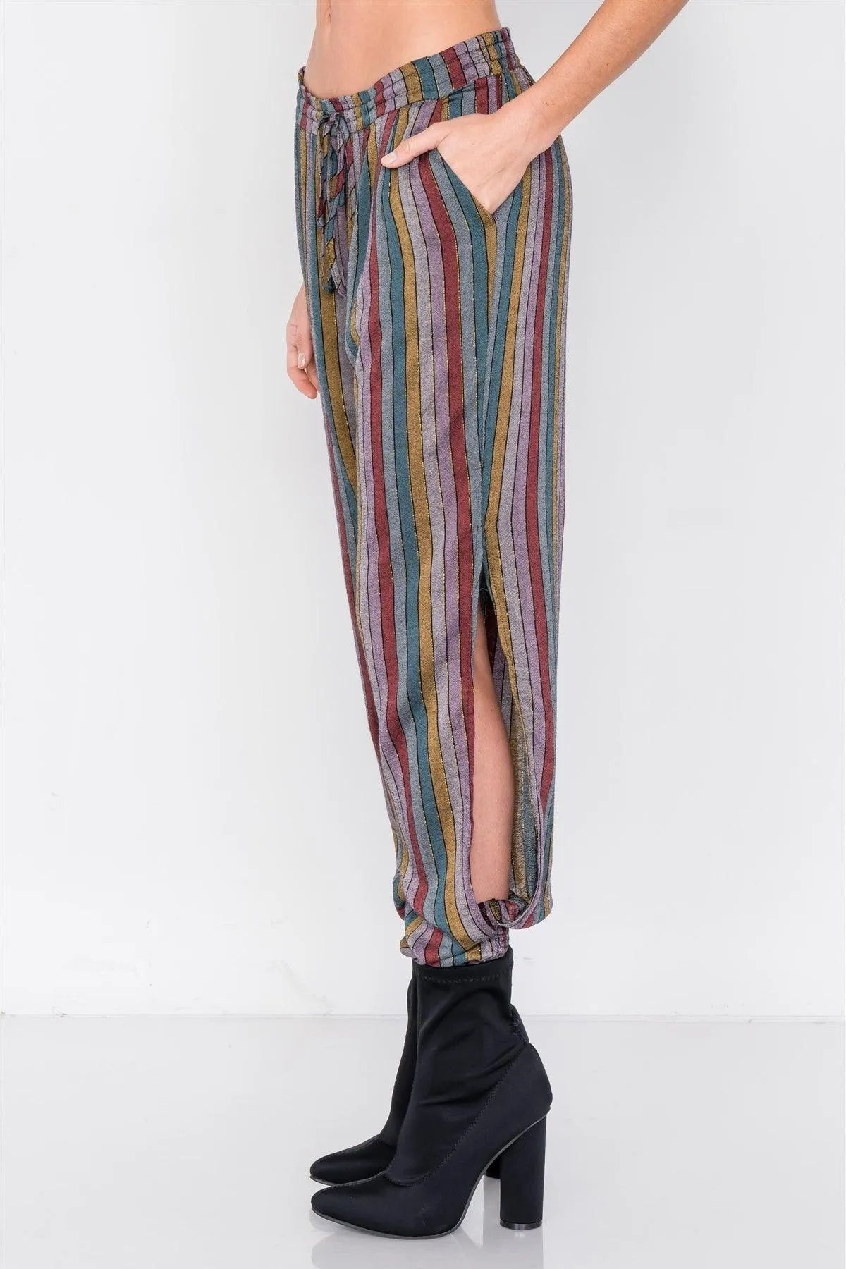 Multi Stripe V-Neck High-Low Cami & Side Slit Harem Pant Set /3-2-1 - Tasha Apparel Wholesale