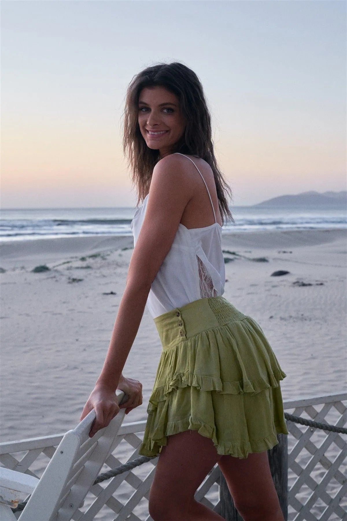 Chartreuse Layered Ruffled High-Waisted Asymmetrical Side Button Mini Skirt /3-2-1 - Tasha Apparel Wholesale
