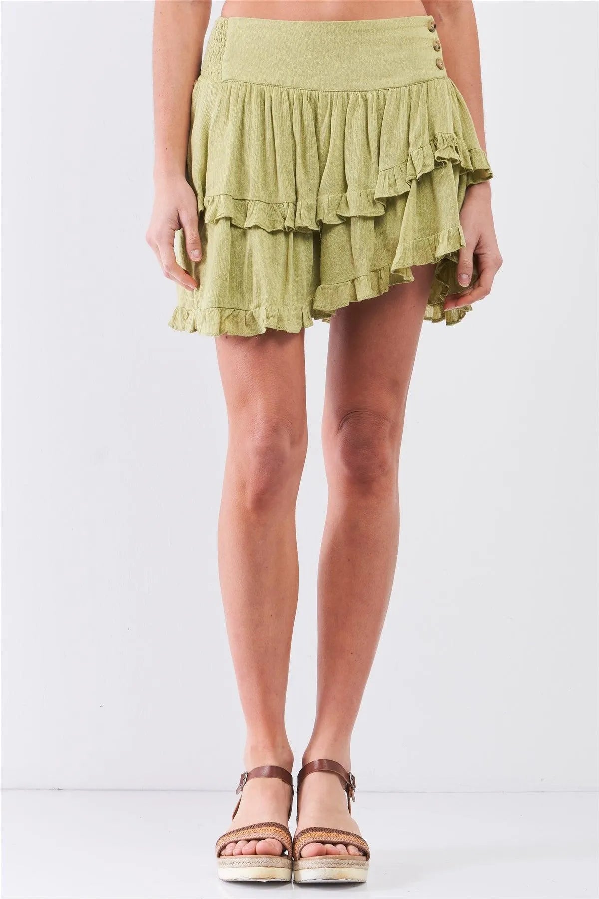 Chartreuse Layered Ruffled High-Waisted Asymmetrical Side Button Mini Skirt /3-2-1 - Tasha Apparel Wholesale