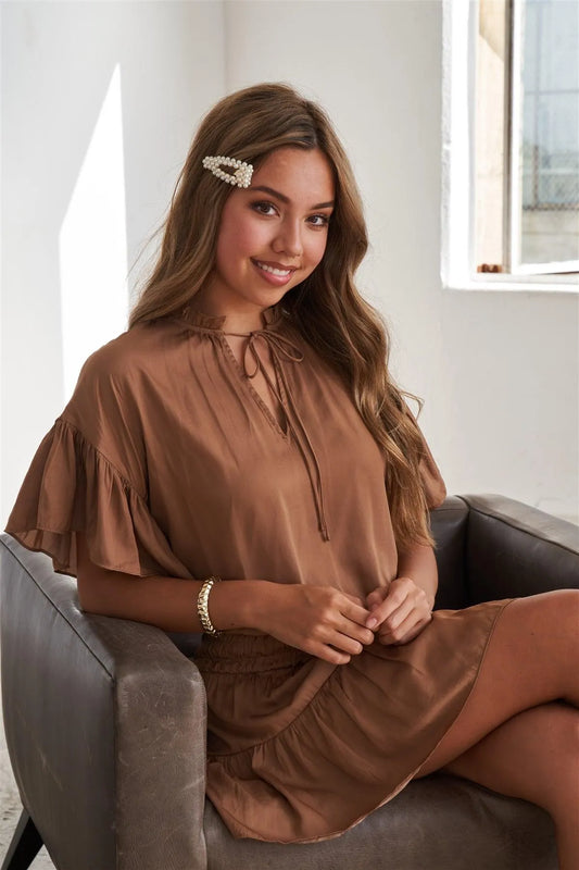 Straw Brown Neck Tie Short Flutter Sleeve Teared Skirt Smocking Dress /3-2-1 - Tasha Apparel Wholesale