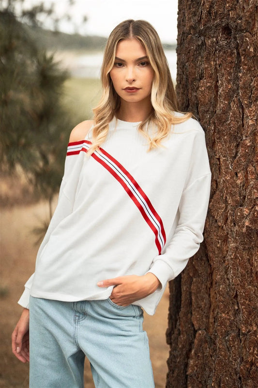 White Striped Detail Asymmetrical Shoulder Long Sleeve Sweater Top /3-2-1 - Tasha Apparel Wholesale
