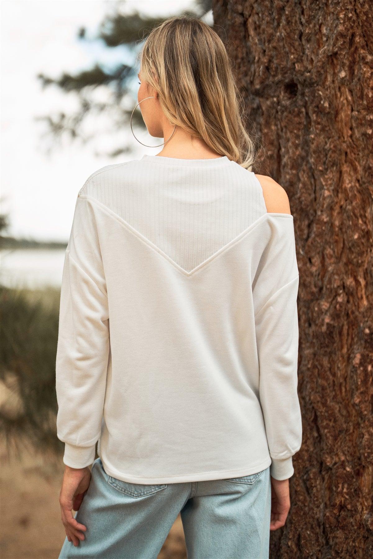 White Striped Detail Asymmetrical Shoulder Long Sleeve Sweater Top /3-2-1