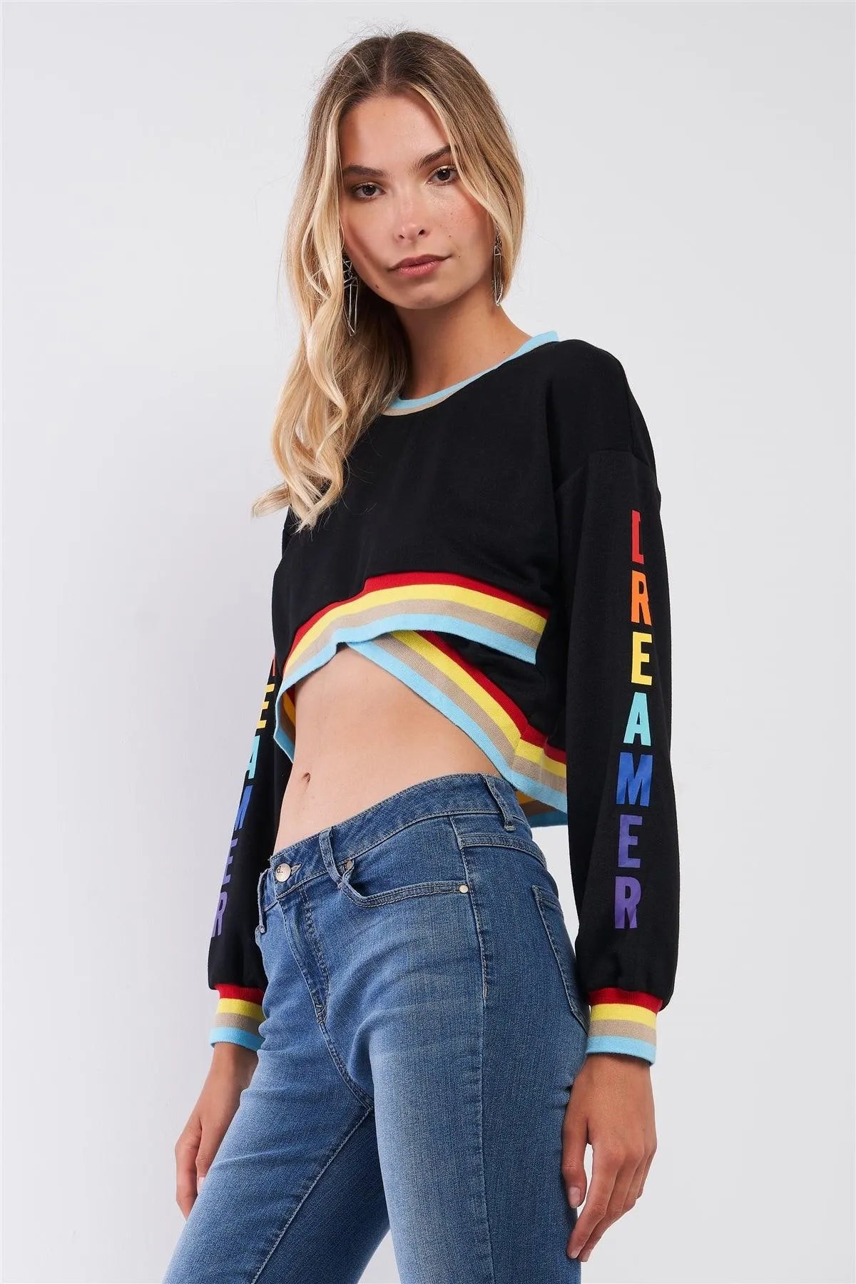 Dreamer Black & Rainbow Asymmetrical Long Sleeve Crop Top - Tasha Apparel Wholesale