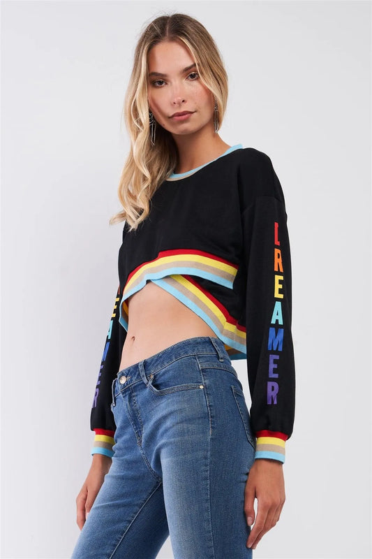 Dreamer Black & Rainbow Asymmetrical Long Sleeve Crop Top - Tasha Apparel Wholesale
