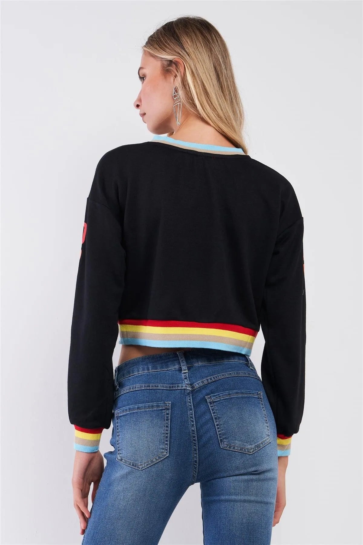 Dreamer Black & Rainbow Asymmetrical Long Sleeve Crop Top - Tasha Apparel Wholesale