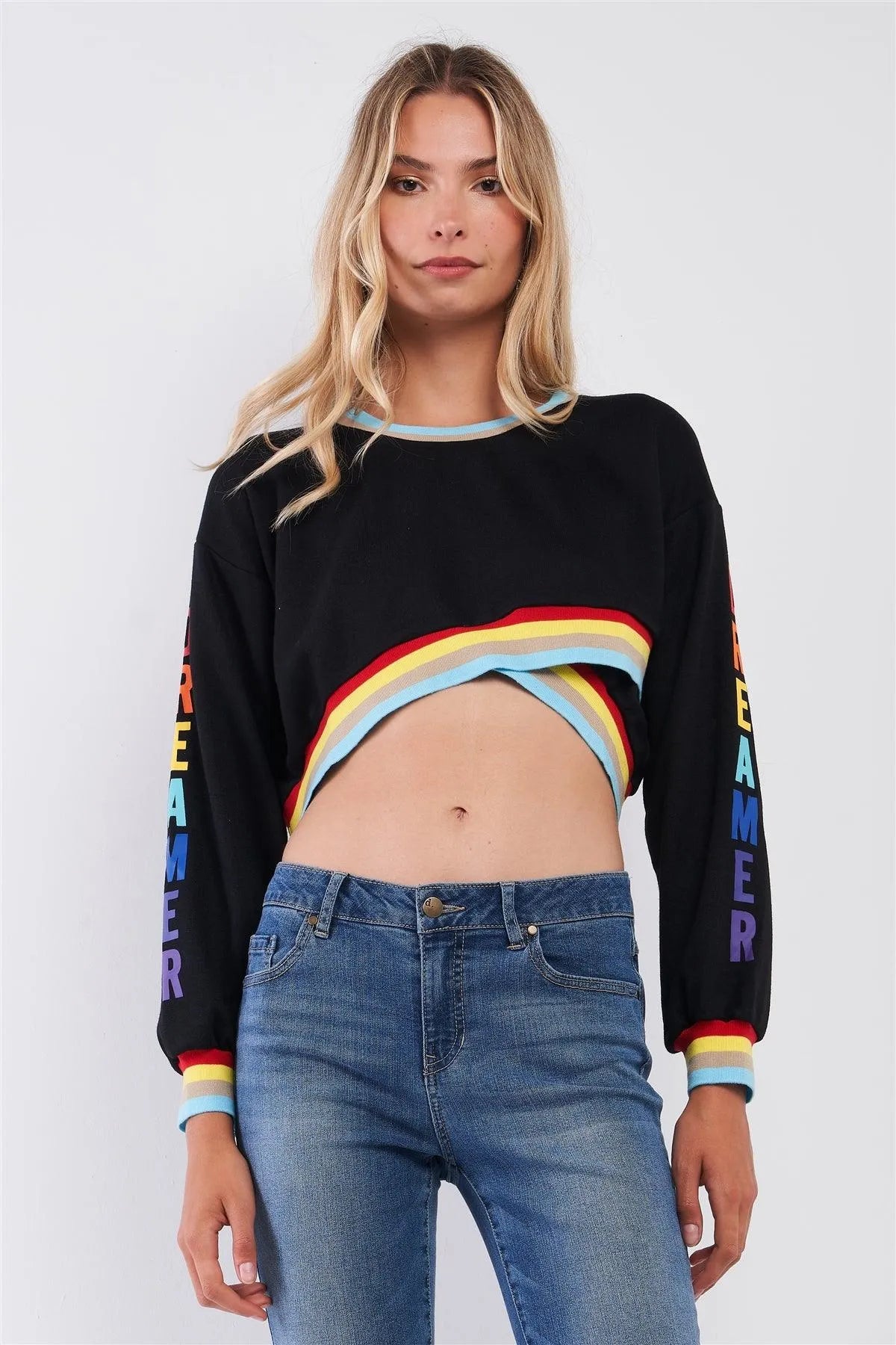 Dreamer Black & Rainbow Asymmetrical Long Sleeve Crop Top - Tasha Apparel Wholesale