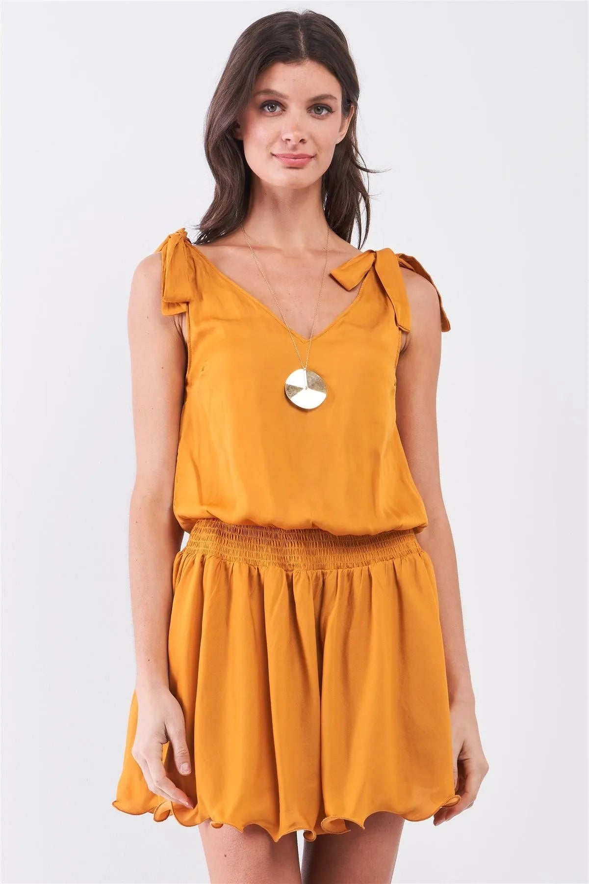 Honey Satin Sleeveless V-Neck Dropped Shirred Waist Frill Hem Mini Dress /3-2-1 - Tasha Apparel Wholesale
