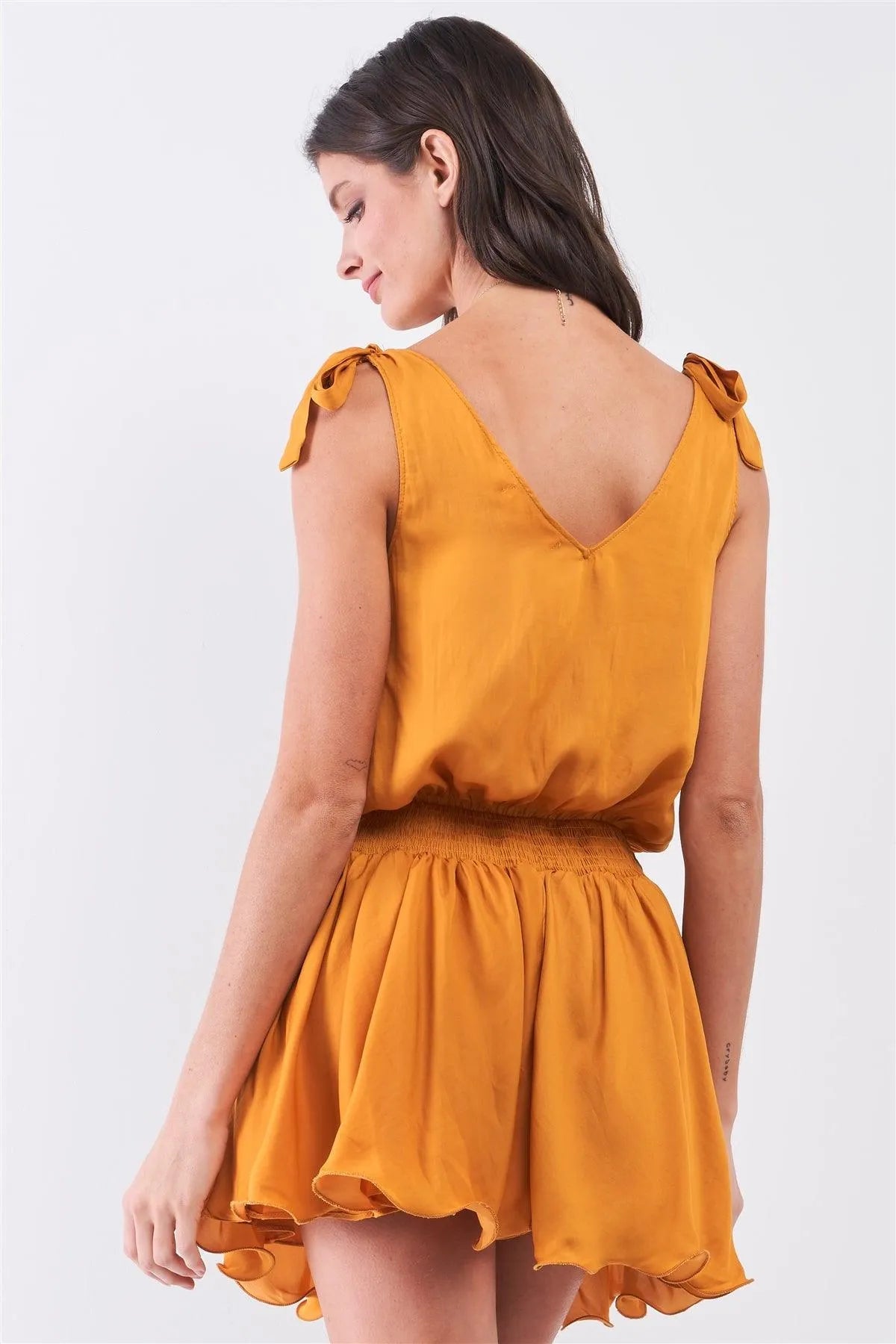 Honey Satin Sleeveless V-Neck Dropped Shirred Waist Frill Hem Mini Dress /3-2-1 - Tasha Apparel Wholesale