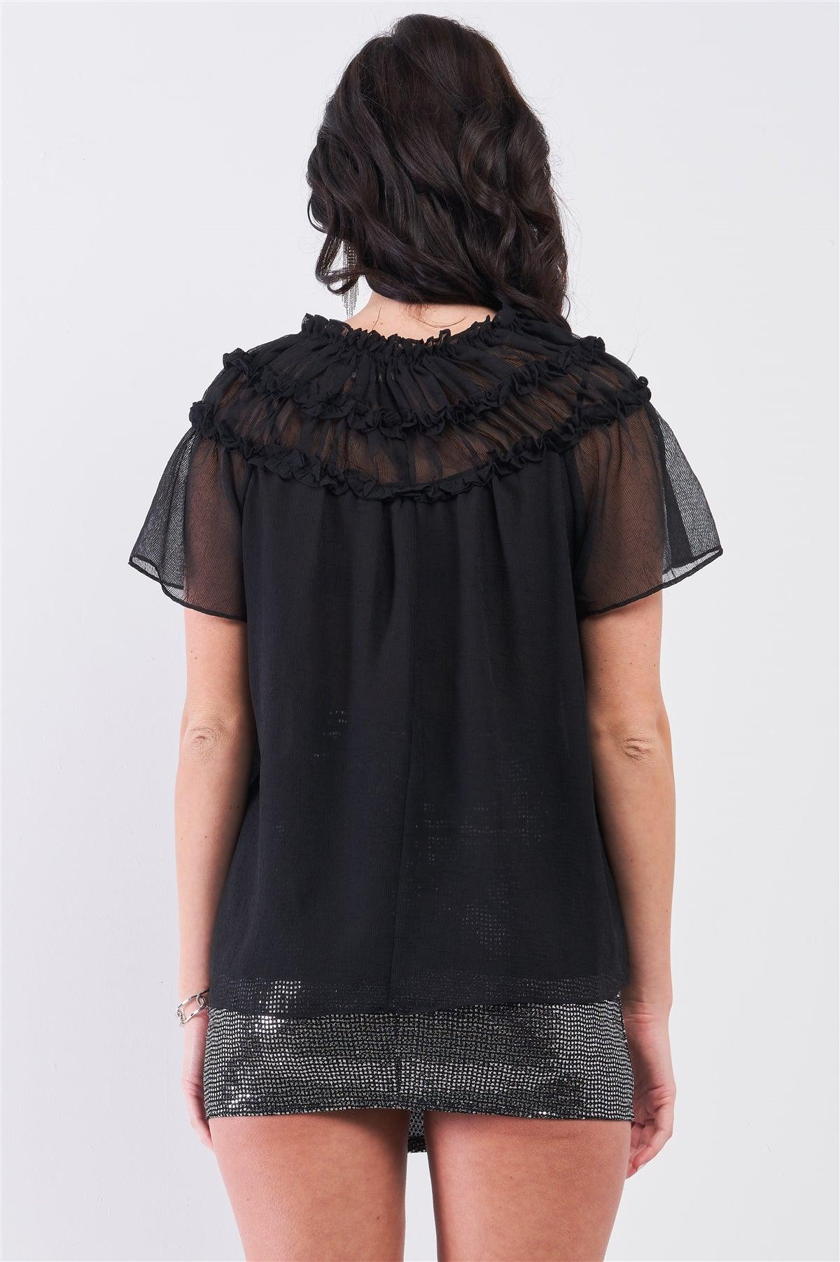 Black Short Angel Sleeve Ruffle Top With Double Self-Tie Drawstring Elasticated Round Neck Loose Fit Top /2-2-1