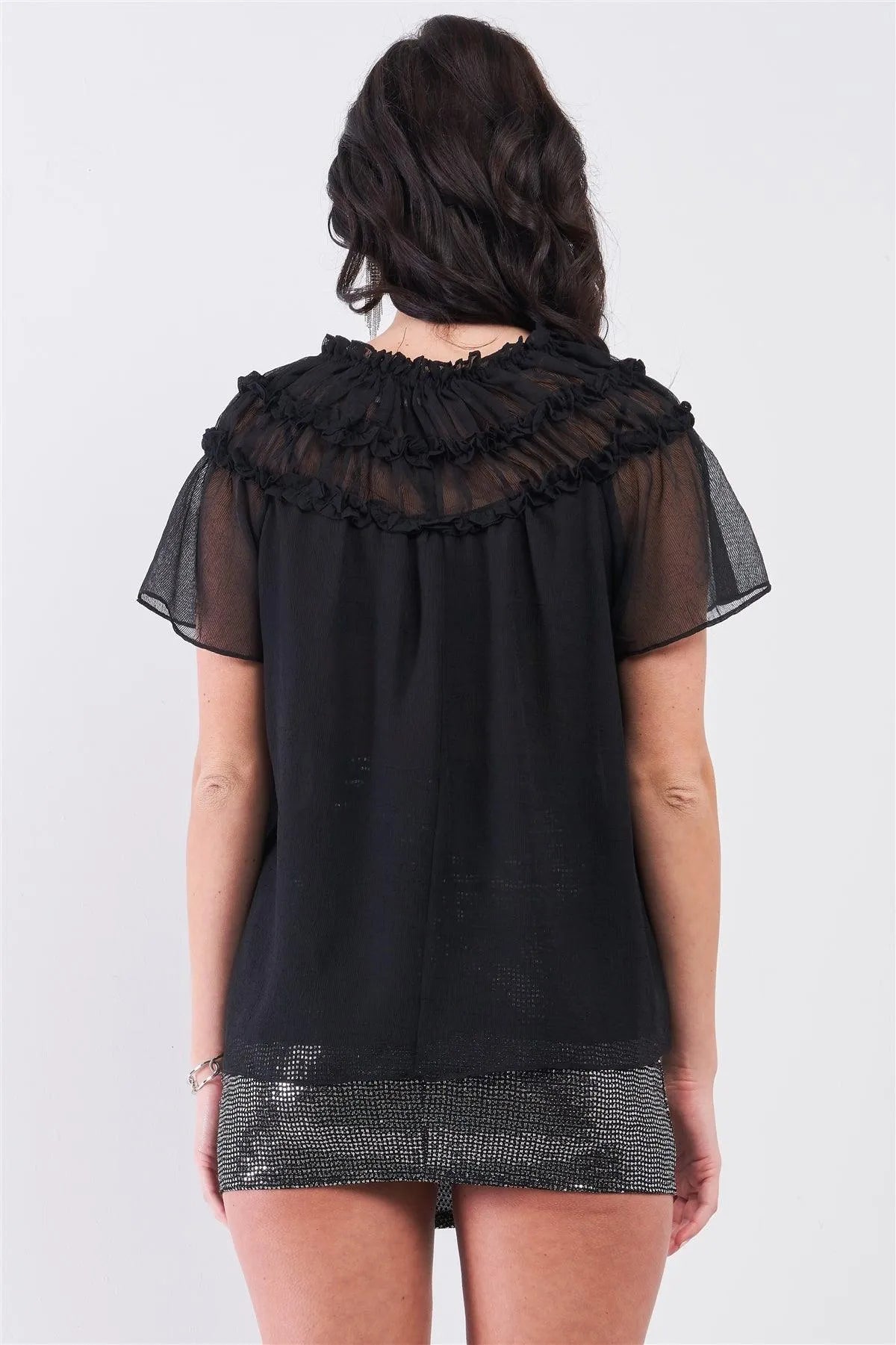 Black Short Angel Sleeve Ruffle Top With Double Self-Tie Drawstring Elasticated Round Neck Loose Fit Top /2-2-1 - Tasha Apparel Wholesale