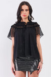 Black Short Angel Sleeve Ruffle Top With Double Self-Tie Drawstring Elasticated Round Neck Loose Fit Top /3-2-1 - Tasha Apparel Wholesale