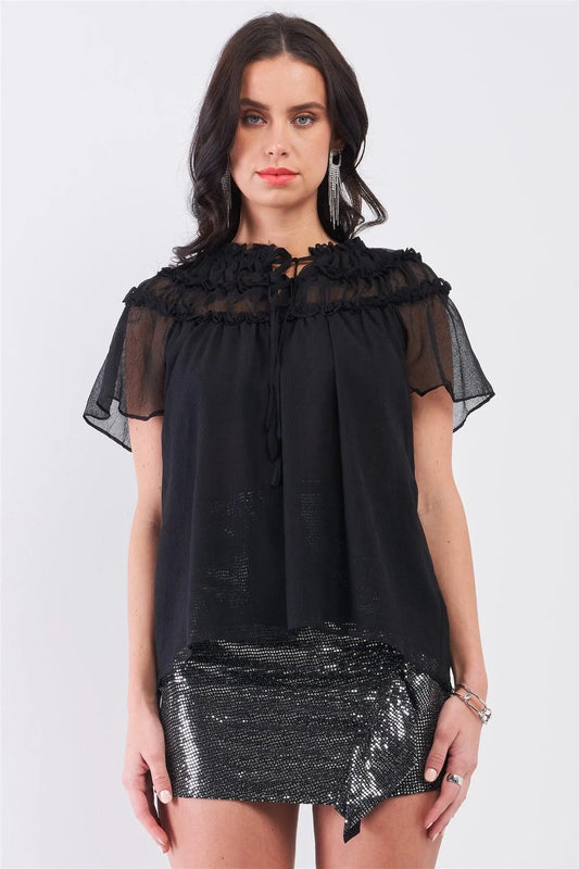 Black Short Angel Sleeve Ruffle Top With Double Self-Tie Drawstring Elasticated Round Neck Loose Fit Top /3-2-1 - Tasha Apparel Wholesale