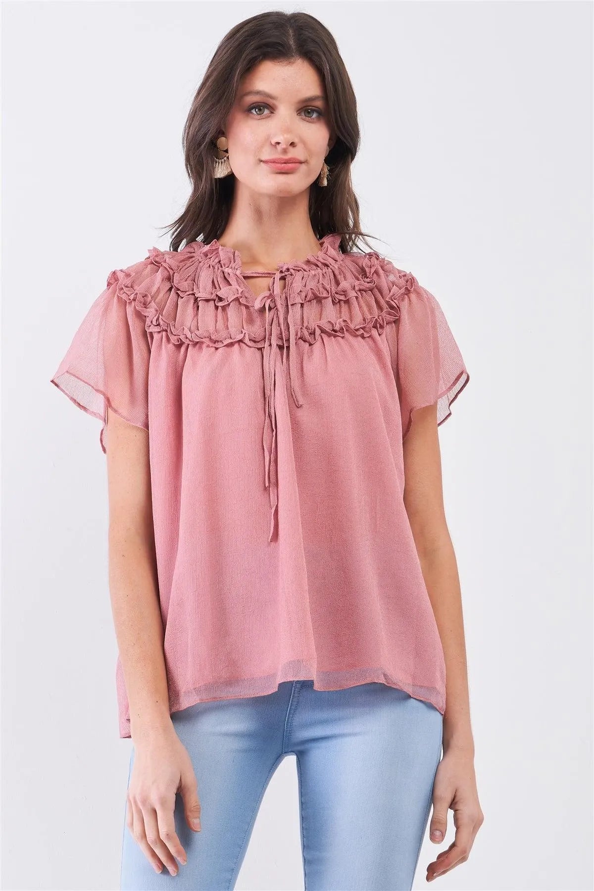 Dusty-Rose Short Angel Sleeve Ruffle Top With Double Self-Tie Drawstring Elasticated Round Neck Loose Fit Top /3-2-1 - Tasha Apparel Wholesale