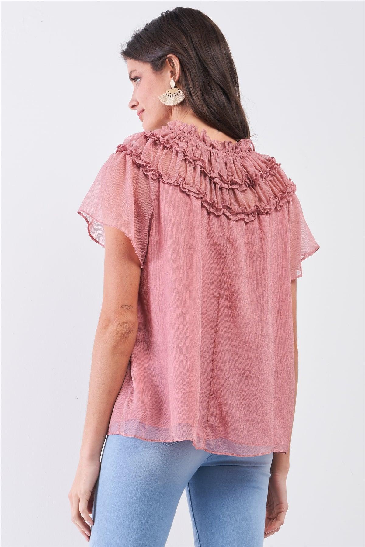 Dusty-Rose Short Angel Sleeve Ruffle Top With Double Self-Tie Drawstring Elasticated Round Neck Loose Fit Top /3-2-1