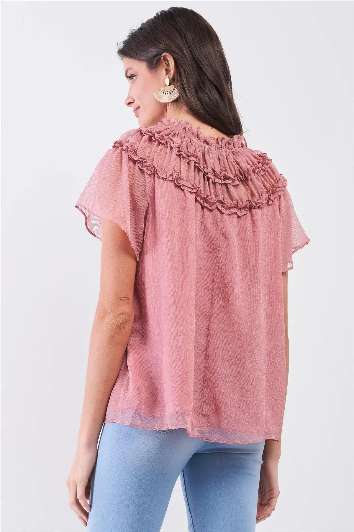 Dusty-Rose Short Angel Sleeve Ruffle Top With Double Self-Tie Drawstring Elasticated Round Neck Loose Fit Top /3-2-1 - Tasha Apparel Wholesale