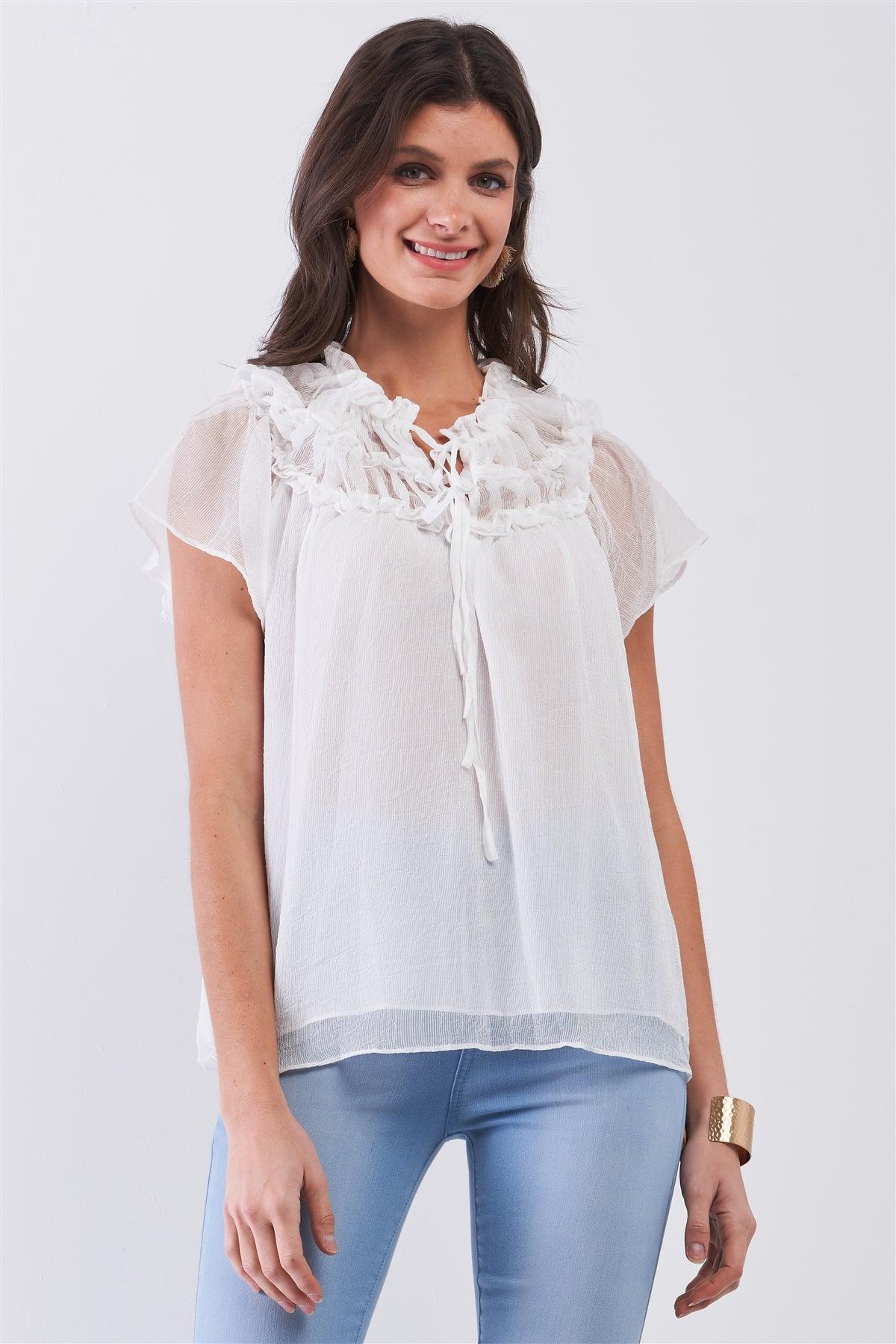 White Short Angel Sleeve Ruffle Top With Double Self-Tie Drawstring Elasticated Round Neck Loose Fit Top /2-2-1