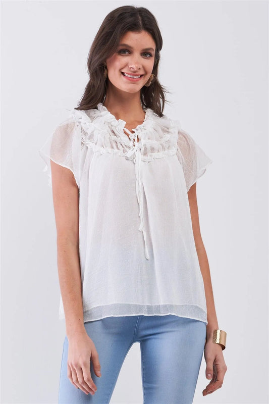 White Short Angel Sleeve Ruffle Top With Double Self-Tie Drawstring Elasticated Round Neck Loose Fit Top /3-2-1 - Tasha Apparel Wholesale