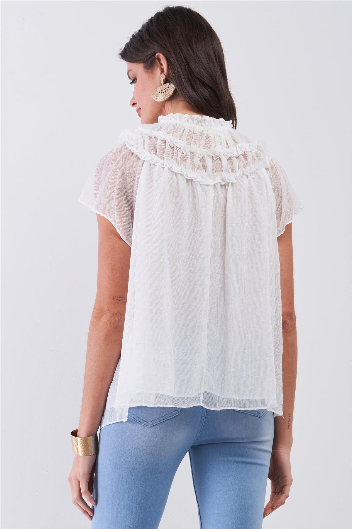 White Short Angel Sleeve Ruffle Top With Double Self-Tie Drawstring Elasticated Round Neck Loose Fit Top /3-2-1