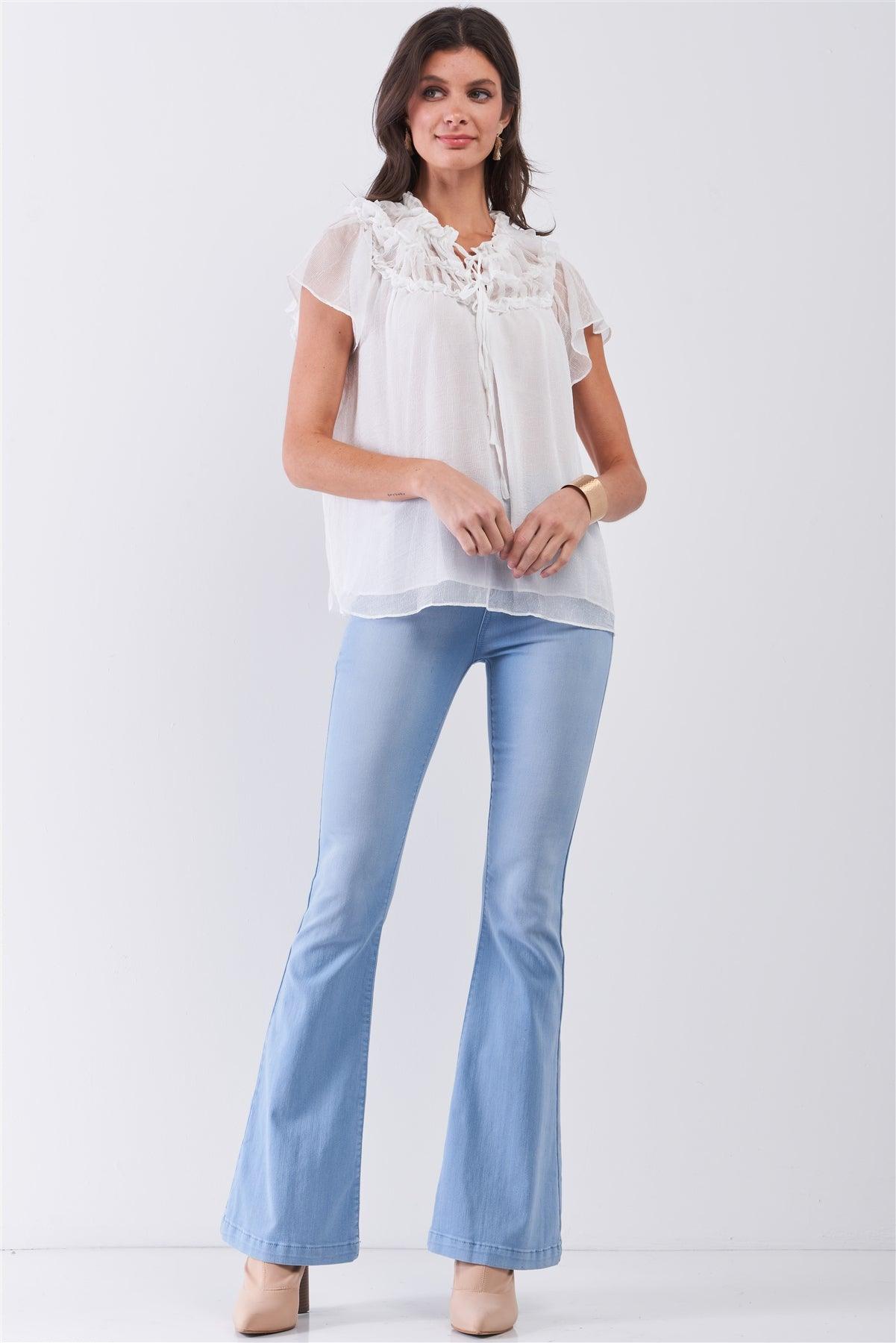 White Short Angel Sleeve Ruffle Top With Double Self-Tie Drawstring Elasticated Round Neck Loose Fit Top /3-2-1