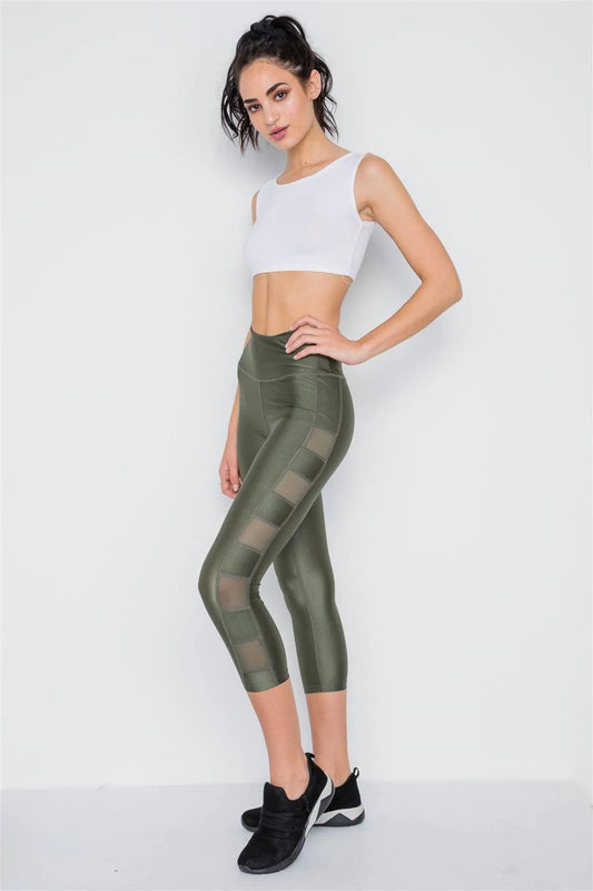 Olive Phone Pocket Capri Mash Detail Active Leggings /2-1-1 - Tasha Apparel Wholesale